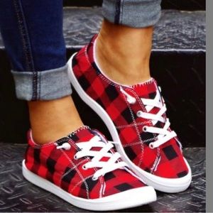 Red black Buffalo print checkered plaid sneakers 9